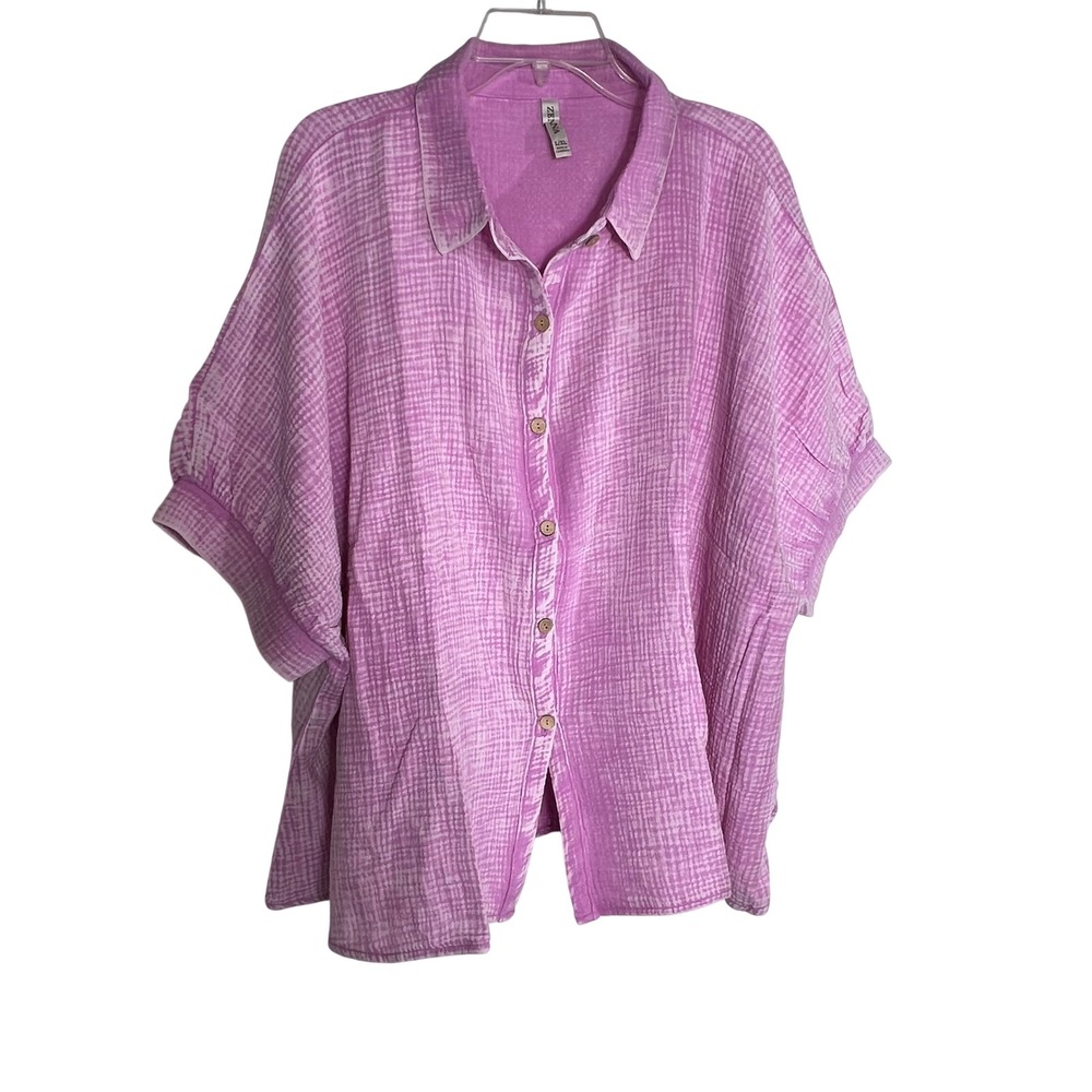 Zenna‎ Womens Pink White Textured Gauze Button Down Shirt Oversized L/XL